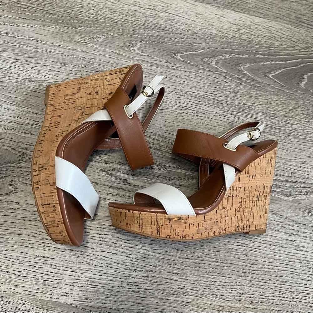 WHBM White & Brown Wedge Sandal Size 6